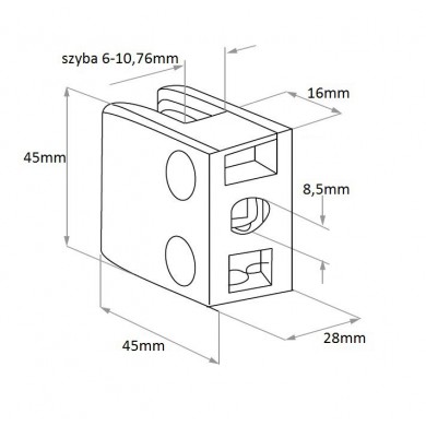 Uchwyt do szkła 45x45 mm do pow. płaskiej (ZAMAK) RAL 9005