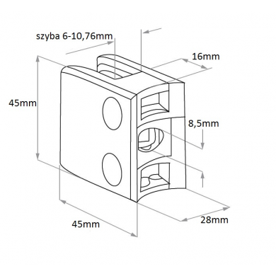 Uchwyt do szkła 45x45 mm do rury Ø 42,4 mm surowy + stopka, blaszka (ZAMAK)