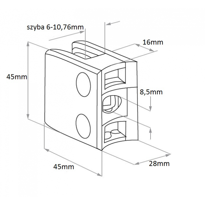 Uchwyt do szkła 45x45 mm do rury Ø 50,8 mm szlif (STAL 316)