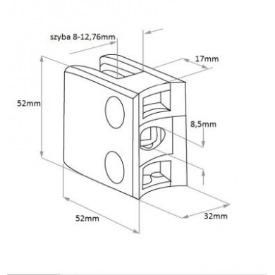 Uchwyt do szkła 52x52 mm do rury Ø 42,4 mm surowy + stopka, blaszka (ZAMAK)