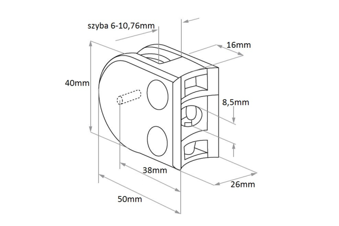 Uchwyt do szkła 40x50 mm do rury Ø 42,4 mm surowy (ZAMAK)