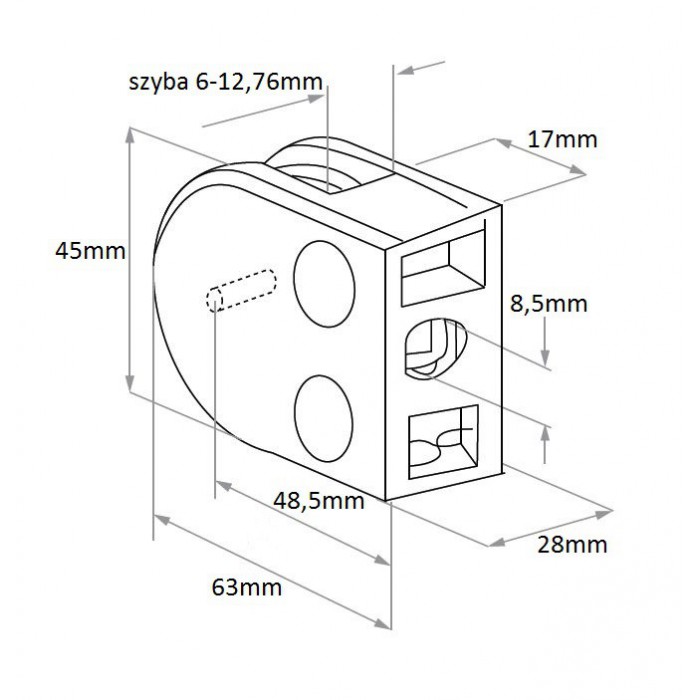 Uchwyt do szkła 45x63 mm do pow. płaskiej (ZAMAK)