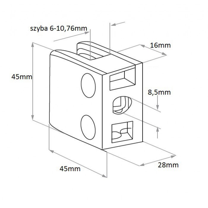 Uchwyt do szkła 45x45 mm do pow. płaskiej (ZAMAK)