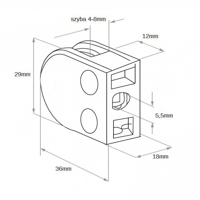 Uchwyt do szkła 29x36 mm do powierzchni płaskiej szlif (STAL 304)